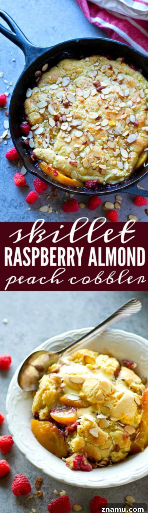 Overhead shot of Skillet Raspberry Almond Peach Cobbler with serving spoons and melting vanilla ice cream