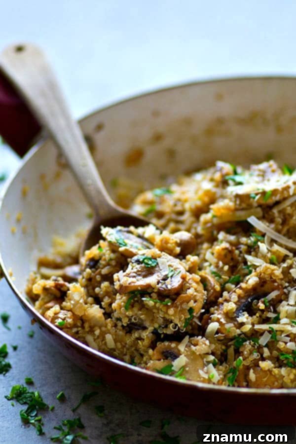 A full Balsamic Mushroom Parmesan Quinoa Skillet, freshly cooked and steaming, ready to be served, with a hint of golden-brown cheese.