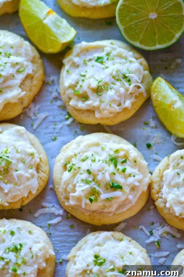 Sunshine Lime Coconut Clouds 2 Soft lime-flavored sugar cookies are a match made in heaven with a dreamy coconut frosting heaped on top! These lime sugar cookies will be a hit anywhere you take them.
