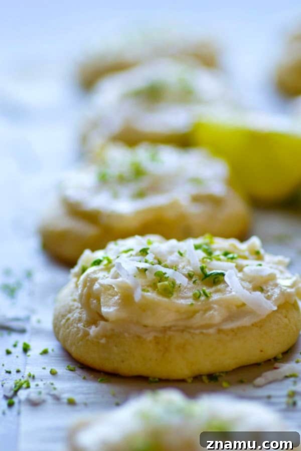 Sunshine Lime Coconut Clouds 3 Soft lime-flavored sugar cookies are a match made in heaven with a dreamy coconut frosting heaped on top! These lime sugar cookies will be a hit anywhere you take them.