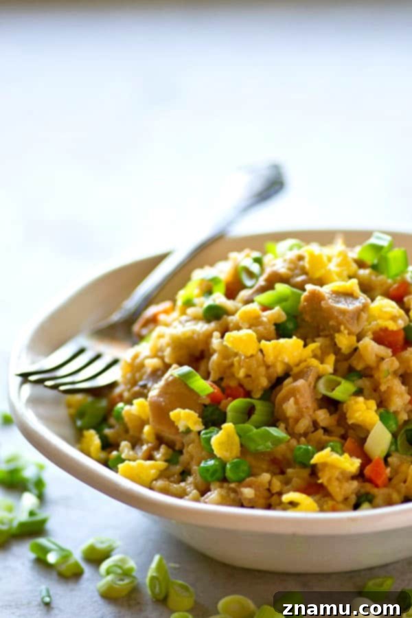 Your Go-To 20-Minute Instant Pot Chicken Fried Rice 4 A bowl of freshly made Instant Pot Chicken Fried Rice, garnished with green onions