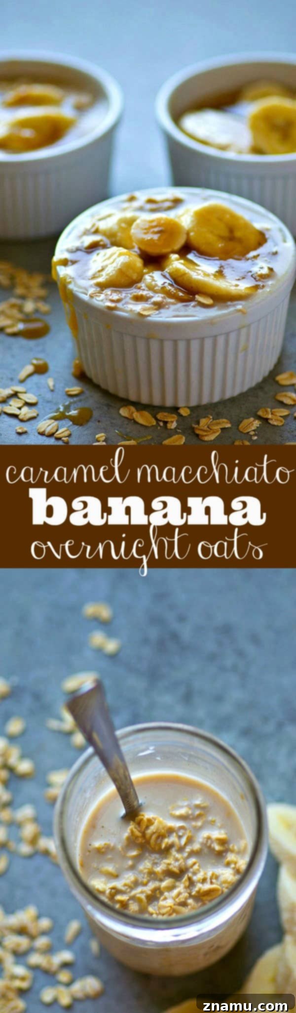 A stack of ingredients for Caramel Macchiato Banana Overnight Oats, including oats, coffee, milk, and bananas, arranged on a kitchen counter.