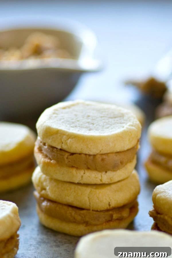 Vanilla Wafer Caramel Delights 4 A close-up shot of a vanilla wafer caramel sandwich cookie with a bite taken out, revealing the soft caramel center