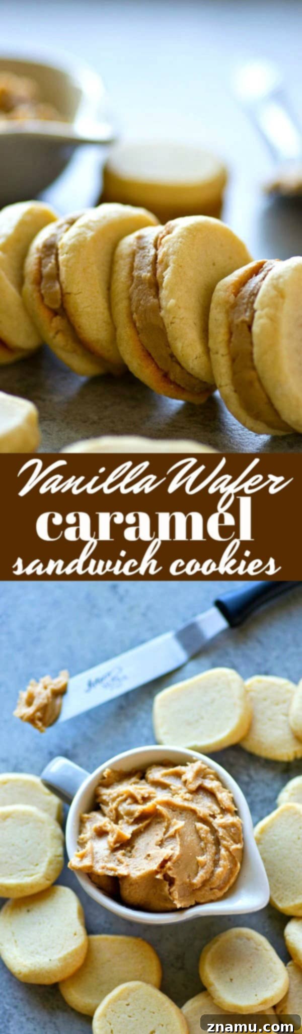 Vanilla Wafer Caramel Delights 6 A wider shot of the vanilla wafer caramel sandwich cookies, showing their delicate size and inviting appearance
