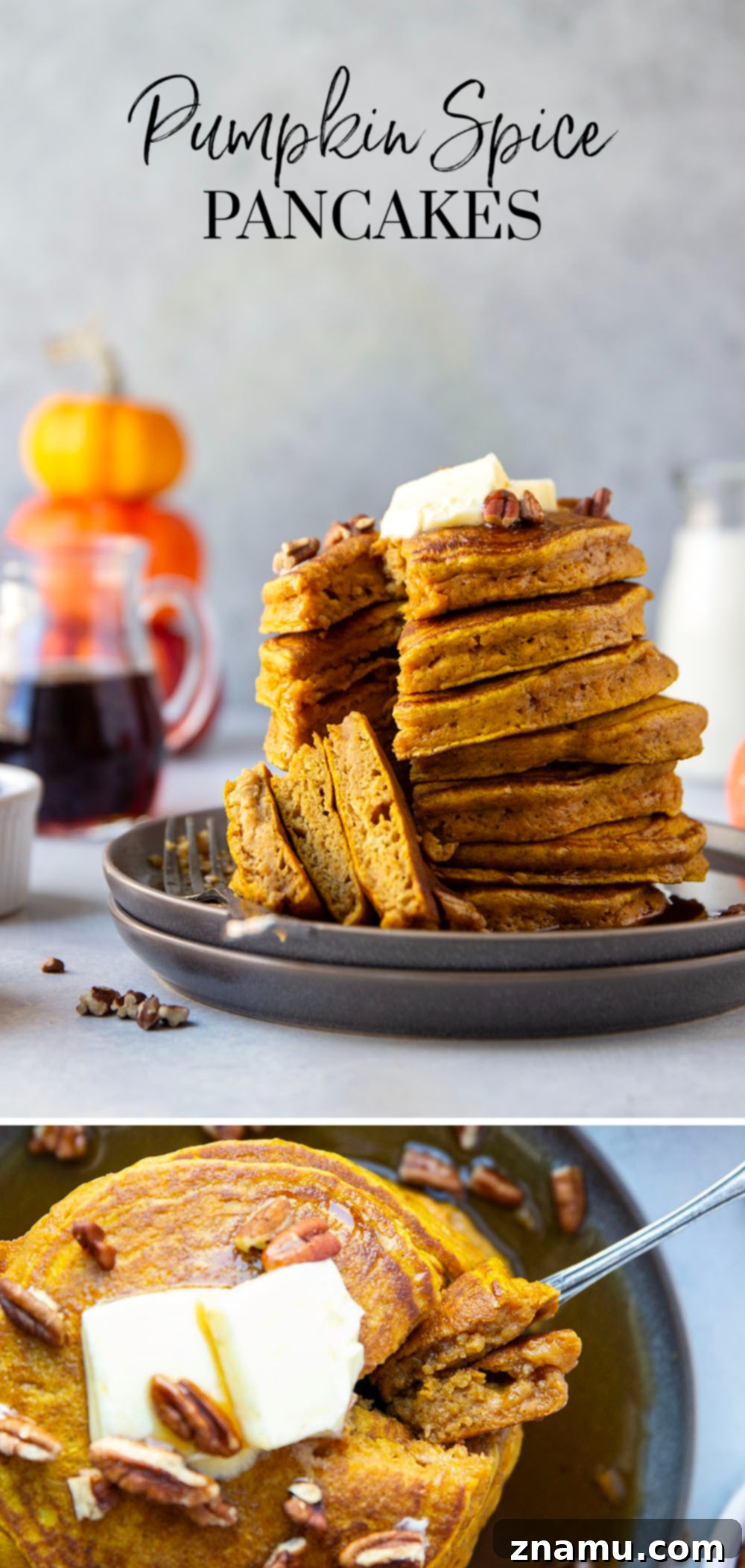 Warm Spiced Pumpkin Stacks 7 A beautiful top-down shot of a plate of pumpkin spice pancakes, garnished with pecans and maple syrup, set against a cozy fall backdrop.