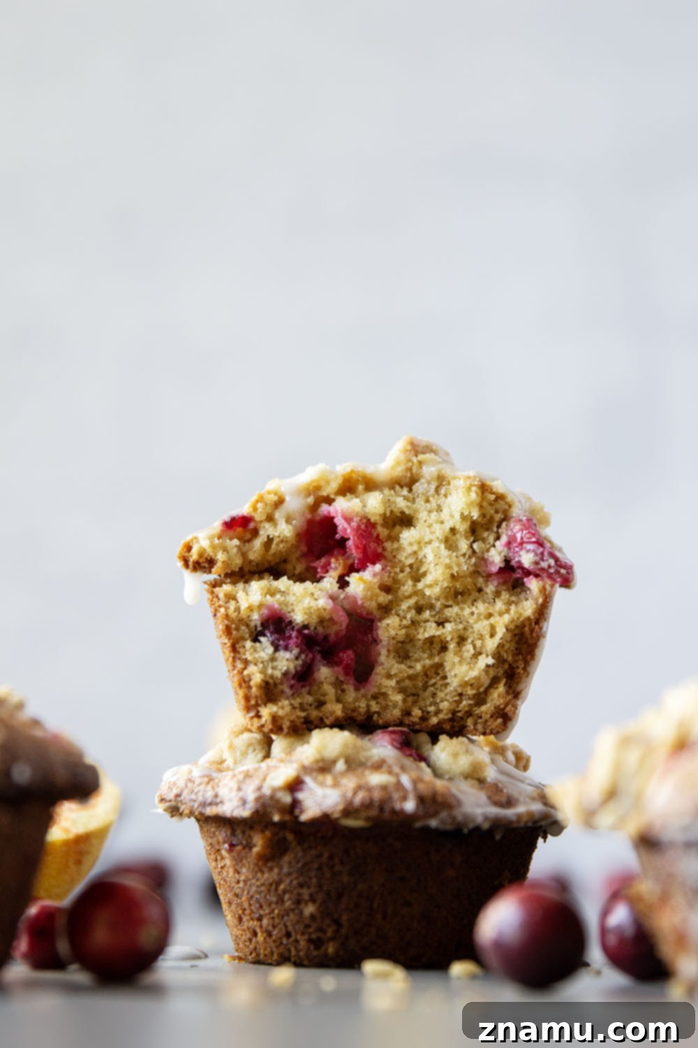 Wholesome Cranberry Oat Muffins 5 An array of ingredients for cranberry oatmeal muffins, including fresh cranberries, rolled oats, and orange zest, laid out on a baking sheet.