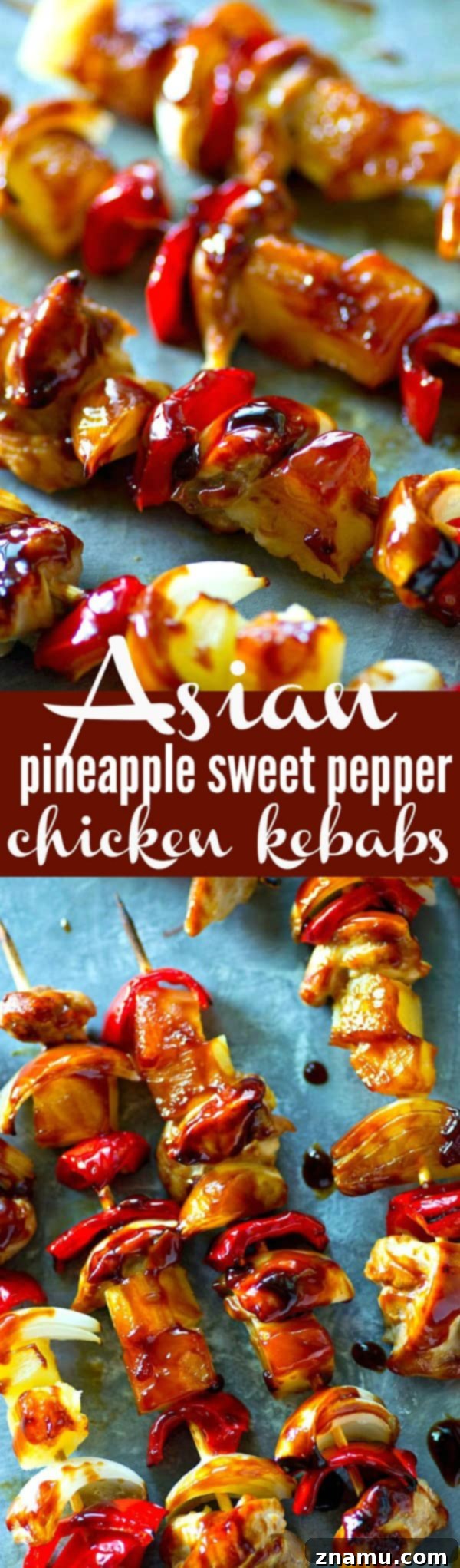 A close-up shot of a single grilled pineapple sweet pepper chicken kebab, showing the char marks and glistening sauce.