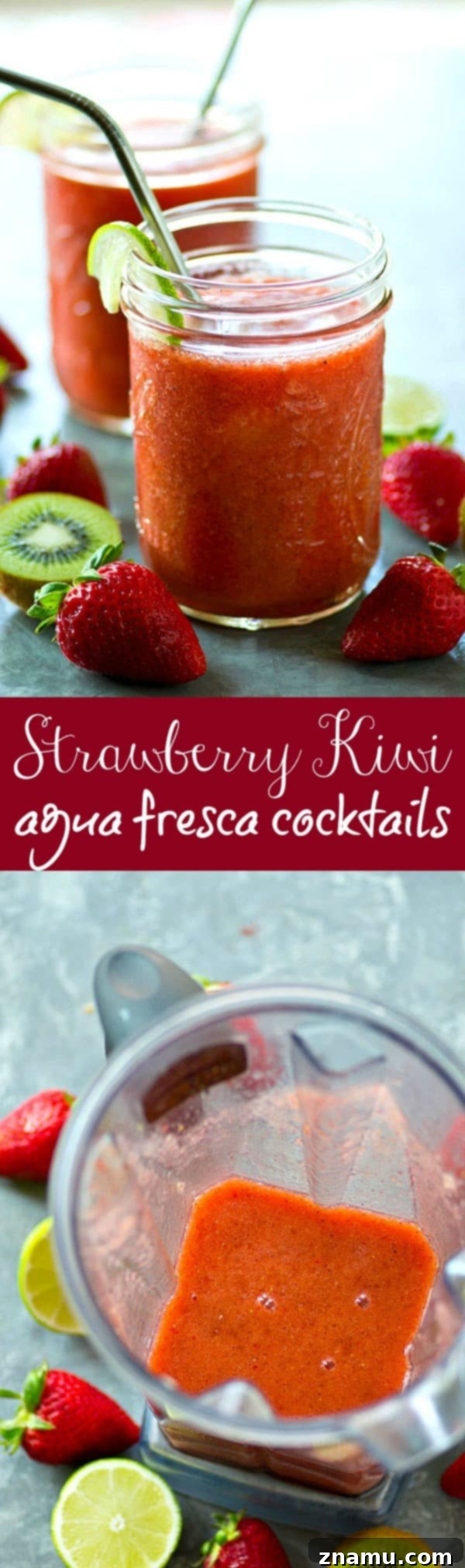 Juicy strawberries and tangy kiwi are the perfect match in these refreshing strawberry kiwi agua fresca cocktails. Make a huge pitcher for the perfect night of summer sipping!