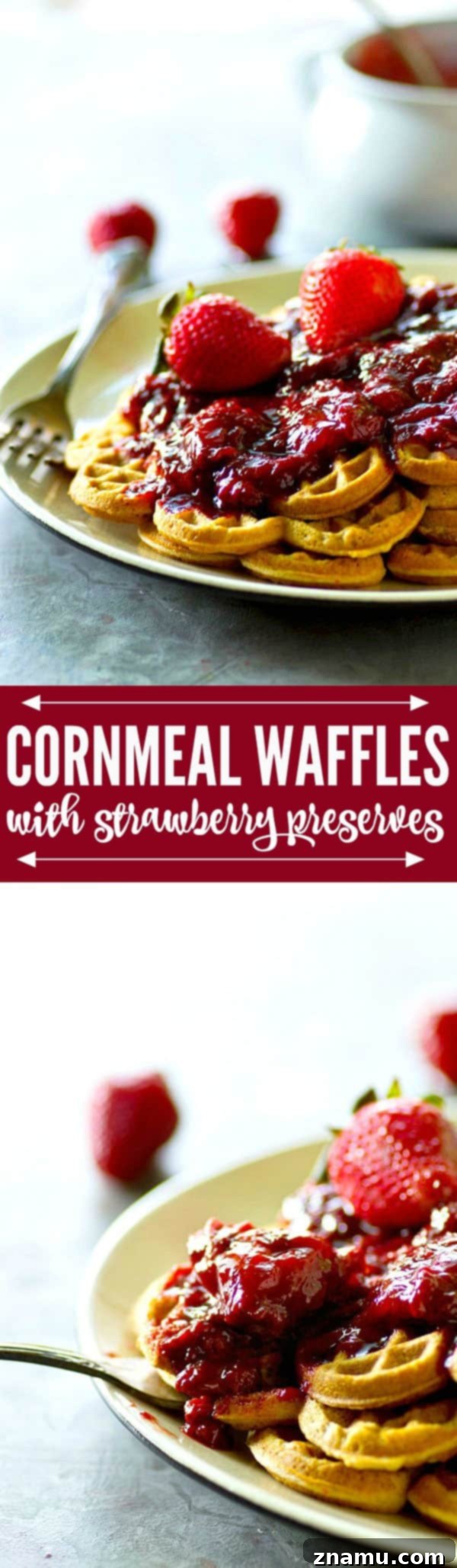 Crispy, rustic cornmeal waffles with homemade strawberry preserves - perfect for a summer breakfast or brunch.