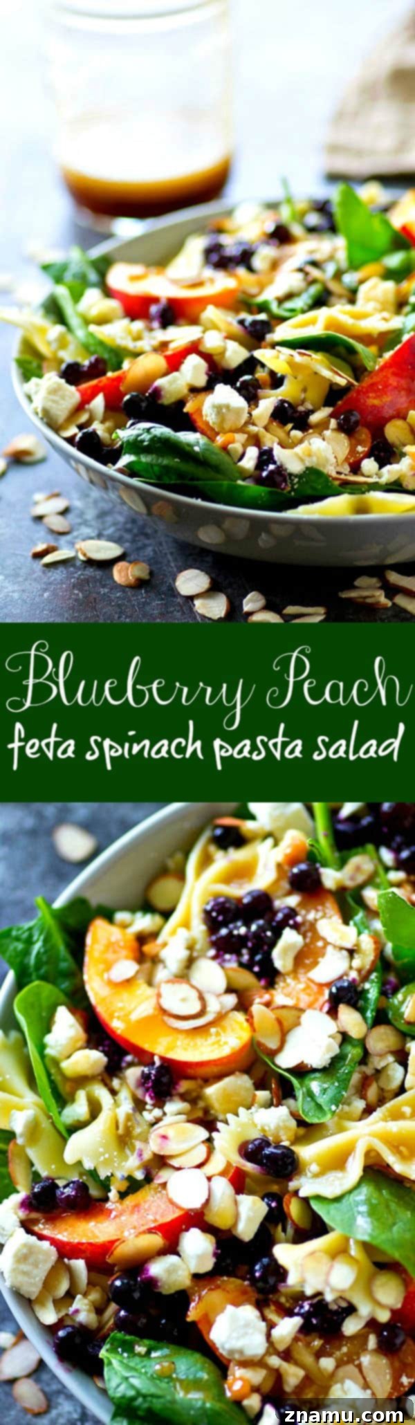 Orchard Fresh Feta Pasta Salad with Berry and Spinach 6 A large, inviting bowl of Blueberry Peach Feta Spinach Pasta Salad ready to be enjoyed at a summer gathering.