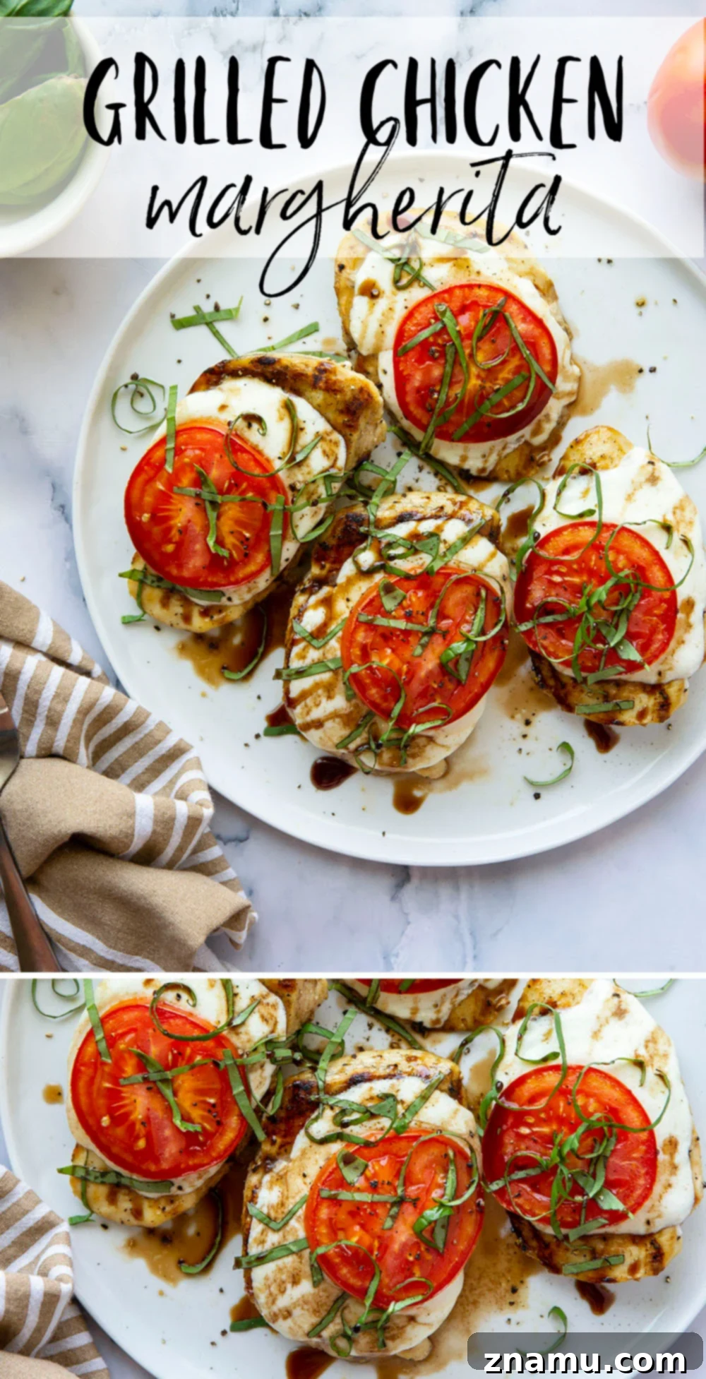 Grilled Caprese Chicken 7 This grilled chicken margherita features grilled chicken topped with fresh mozzarella, juicy tomato slices, and lots of fresh basil and balsamic glaze.