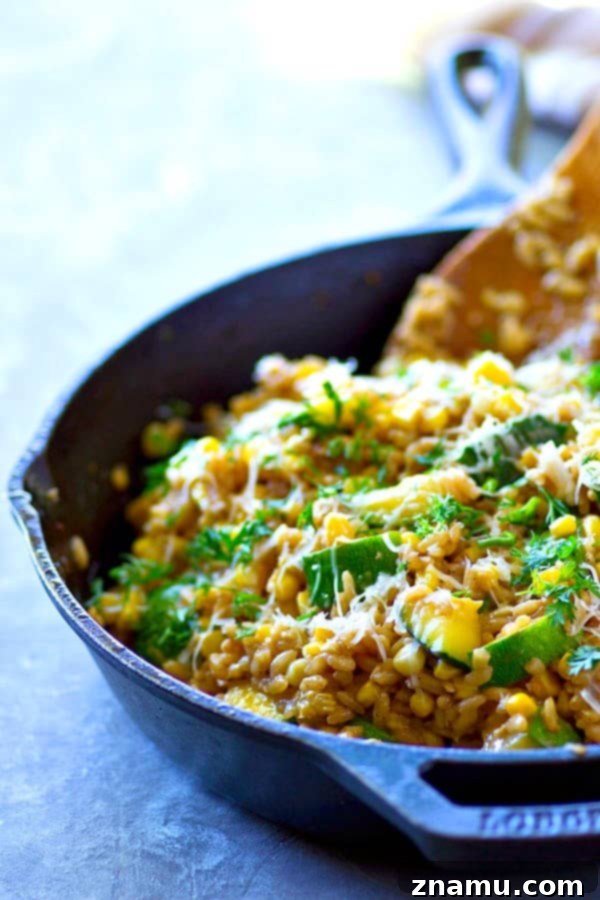 Creamy Sweet Corn & Zucchini Parmesan Risotto 3 This seasonal sweet corn zucchini Parmesan risotto is super-creamy and packed with tender zucchini and fresh sweet corn. Made entirely in one skillet in only 30 minutes!