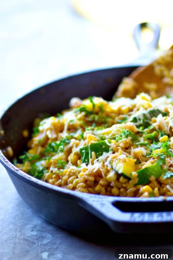 Creamy Sweet Corn & Zucchini Parmesan Risotto 4 This seasonal sweet corn zucchini Parmesan risotto is super-creamy and packed with tender zucchini and fresh sweet corn. Made entirely in one skillet in only 30 minutes!