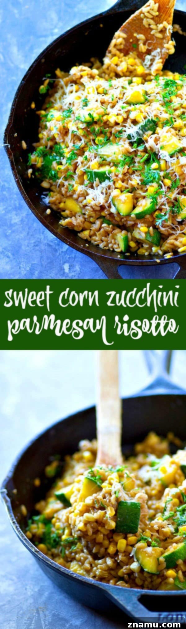 Creamy Sweet Corn & Zucchini Parmesan Risotto 5 This seasonal sweet corn zucchini Parmesan risotto is super-creamy and packed with tender zucchini and fresh sweet corn. Made entirely in one skillet in only 30 minutes!