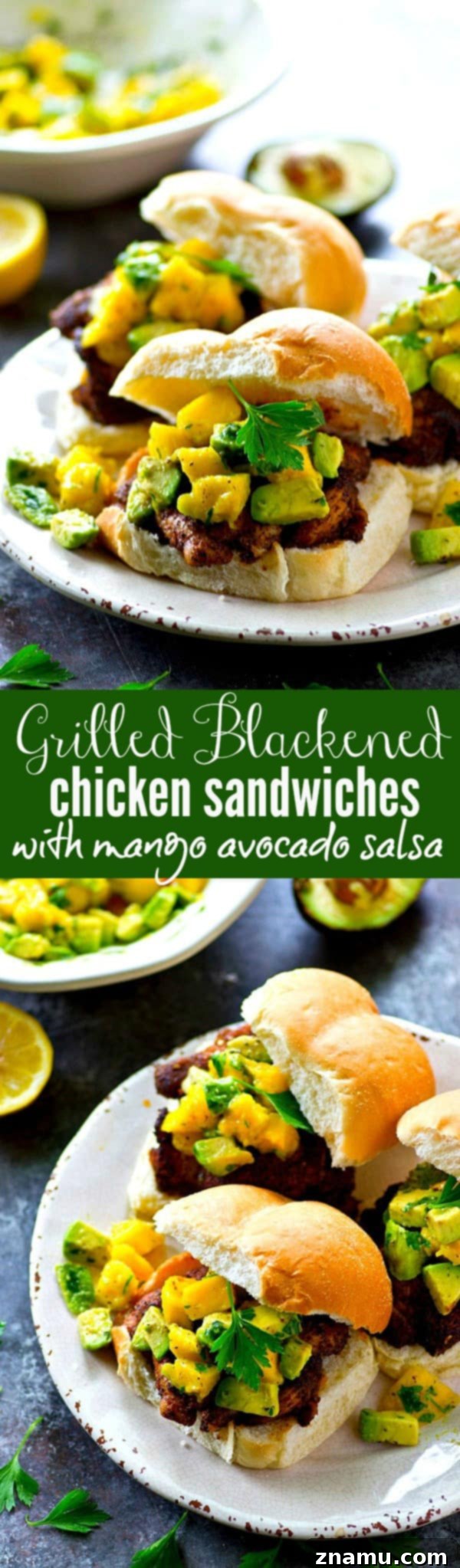 A smoky blackened spice rub coats every inch of these juicy grilled blackened chicken sandwiches and a silky mango avocado salsa is piled high on top for the ultimate summer sandwich!