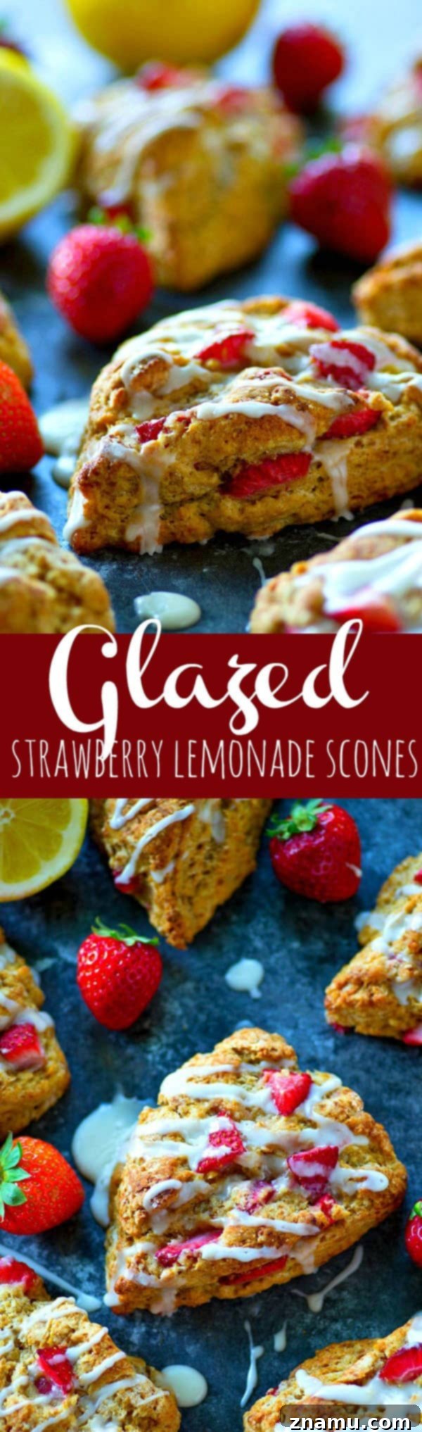 Tangy Strawberry Lemon Scones 6 An overhead shot of freshly baked and glazed strawberry lemonade scones arranged artfully on a white platter.