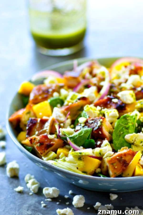 Honey-Garlic Grilled Chicken with Tropical Mango Salad and Zesty Cilantro Dressing 2 Sweet 'n' sticky grilled honey garlic chicken is a perfect match with sweet mango and flavorful cilantro dressing in this gorgeous grilled chicken mango salad!