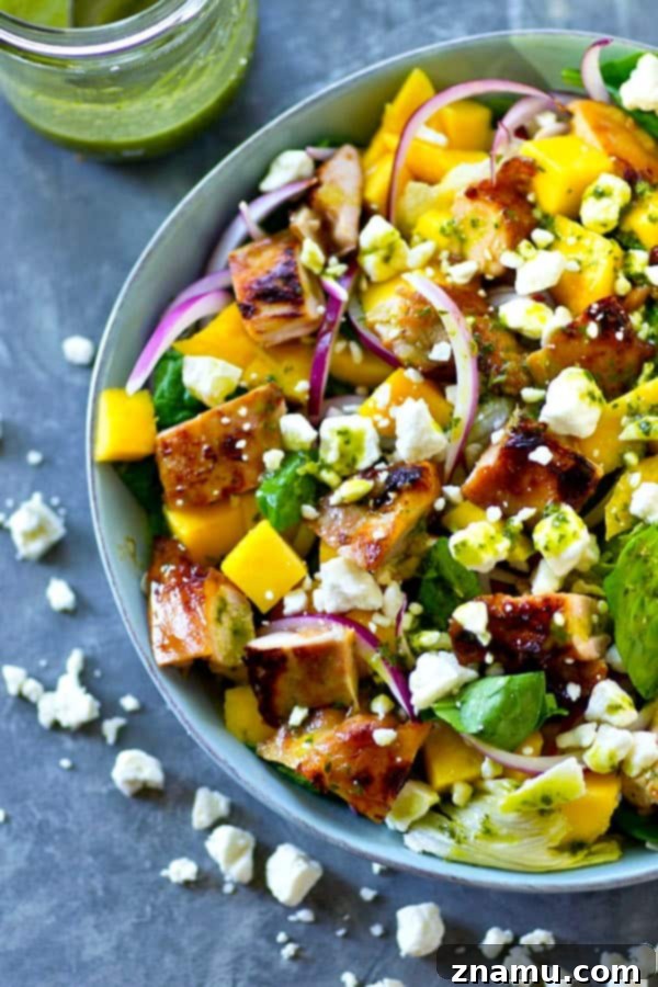 Honey-Garlic Grilled Chicken with Tropical Mango Salad and Zesty Cilantro Dressing 4 Sweet 'n' sticky grilled honey garlic chicken is a perfect match with sweet mango and flavorful cilantro dressing in this gorgeous grilled chicken mango salad!