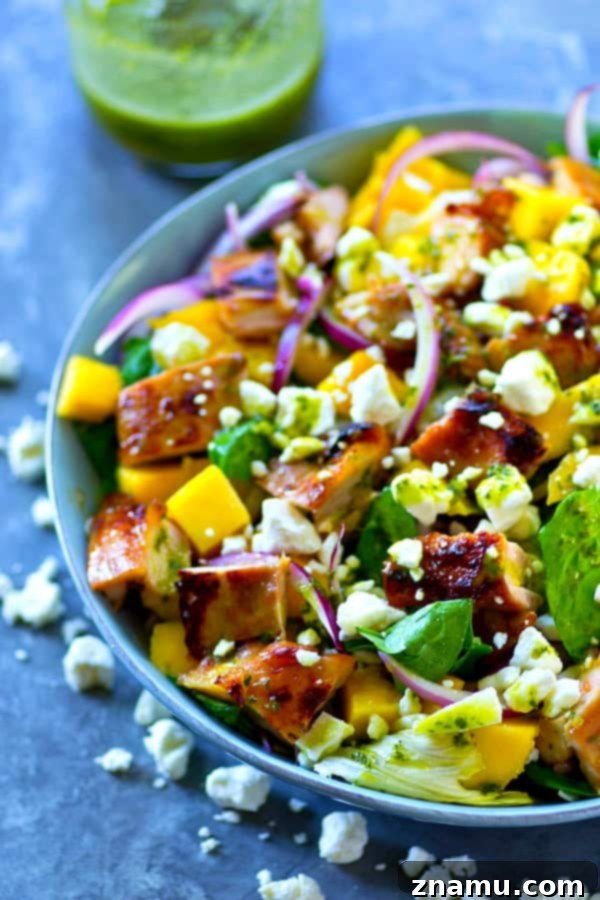 Honey-Garlic Grilled Chicken with Tropical Mango Salad and Zesty Cilantro Dressing 5 Sweet 'n' sticky grilled honey garlic chicken is a perfect match with sweet mango and flavorful cilantro dressing in this gorgeous grilled chicken mango salad!