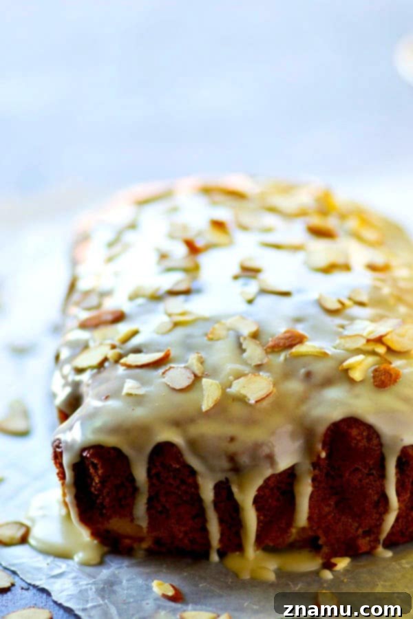 Peach Amaretto Quick Bread with Vanilla Glaze 3 Close-up of glazed amaretto peach quick bread