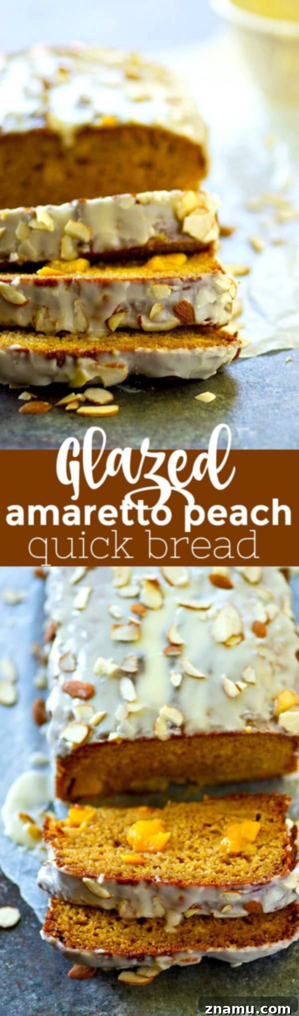 Peach Amaretto Quick Bread with Vanilla Glaze 6 Serving of glazed amaretto peach quick bread