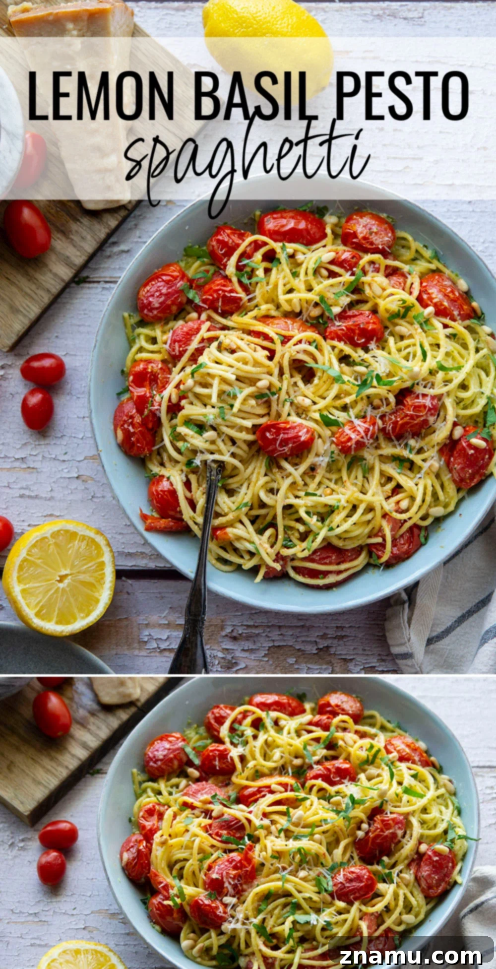 Lemon-Kissed Basil Pesto Spaghetti with Sweet Burst Tomatoes 7 This lemon basil pesto spaghetti features flavorful homemade lemon basil pesto and juicy bursting cherry tomatoes. - a perfect summer side dish with grilled meat!