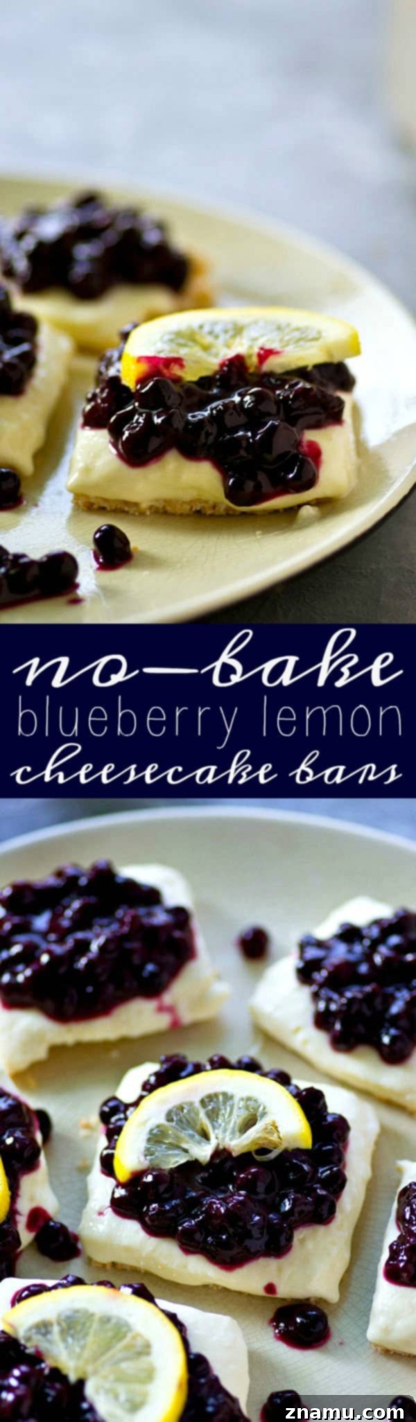Refreshing No-Bake Blueberry Lemon Cheesecake Bars 6 No-Bake Blueberry Lemon Cheesecake Bars presented on a serving platter, cut into perfect squares with a generous topping of blueberry sauce.