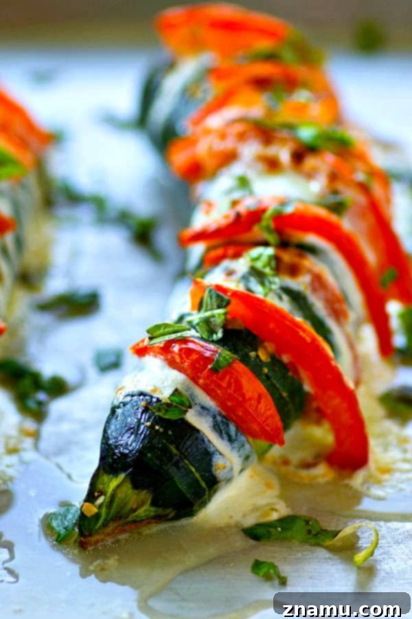 Savory Hasselback Caprese Zucchini Boats 3 These hasselback caprese zucchini boats are stuffed with juicy tomato slices, gooey mozzarella, and tons of fresh basil for a seasonal veggie side that's LOADED with summer flavors!