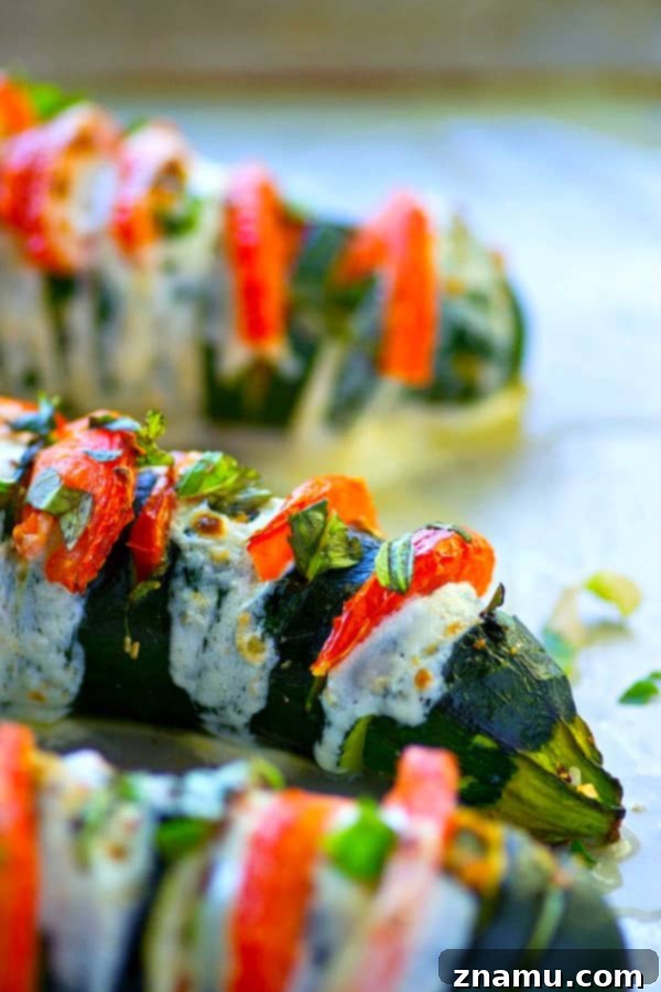 Savory Hasselback Caprese Zucchini Boats 5 These hasselback caprese zucchini boats are stuffed with juicy tomato slices, gooey mozzarella, and tons of fresh basil for a seasonal veggie side that's LOADED with summer flavors!