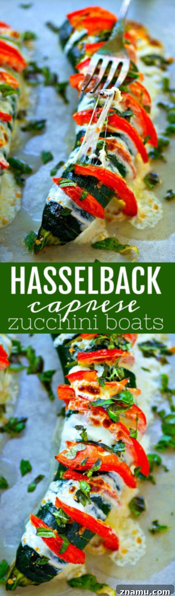 Savory Hasselback Caprese Zucchini Boats 6 These hasselback caprese zucchini boats are stuffed with juicy tomato slices, gooey mozzarella, and tons of fresh basil for a seasonal veggie side that's LOADED with summer flavors!