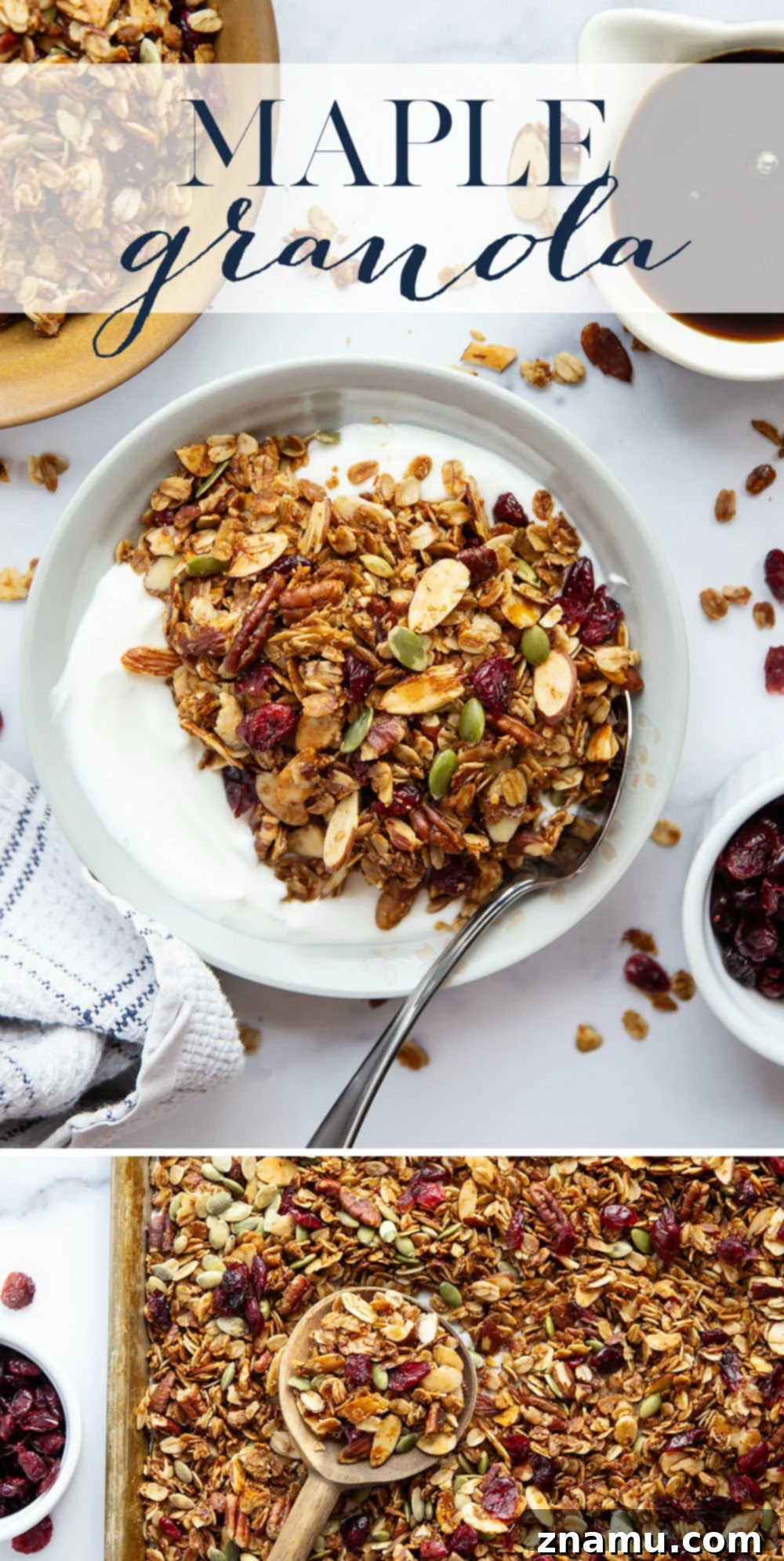 Sweet Maple Crunch 7 A close-up shot of golden-brown maple granola clusters with visible nuts and dried cranberries.