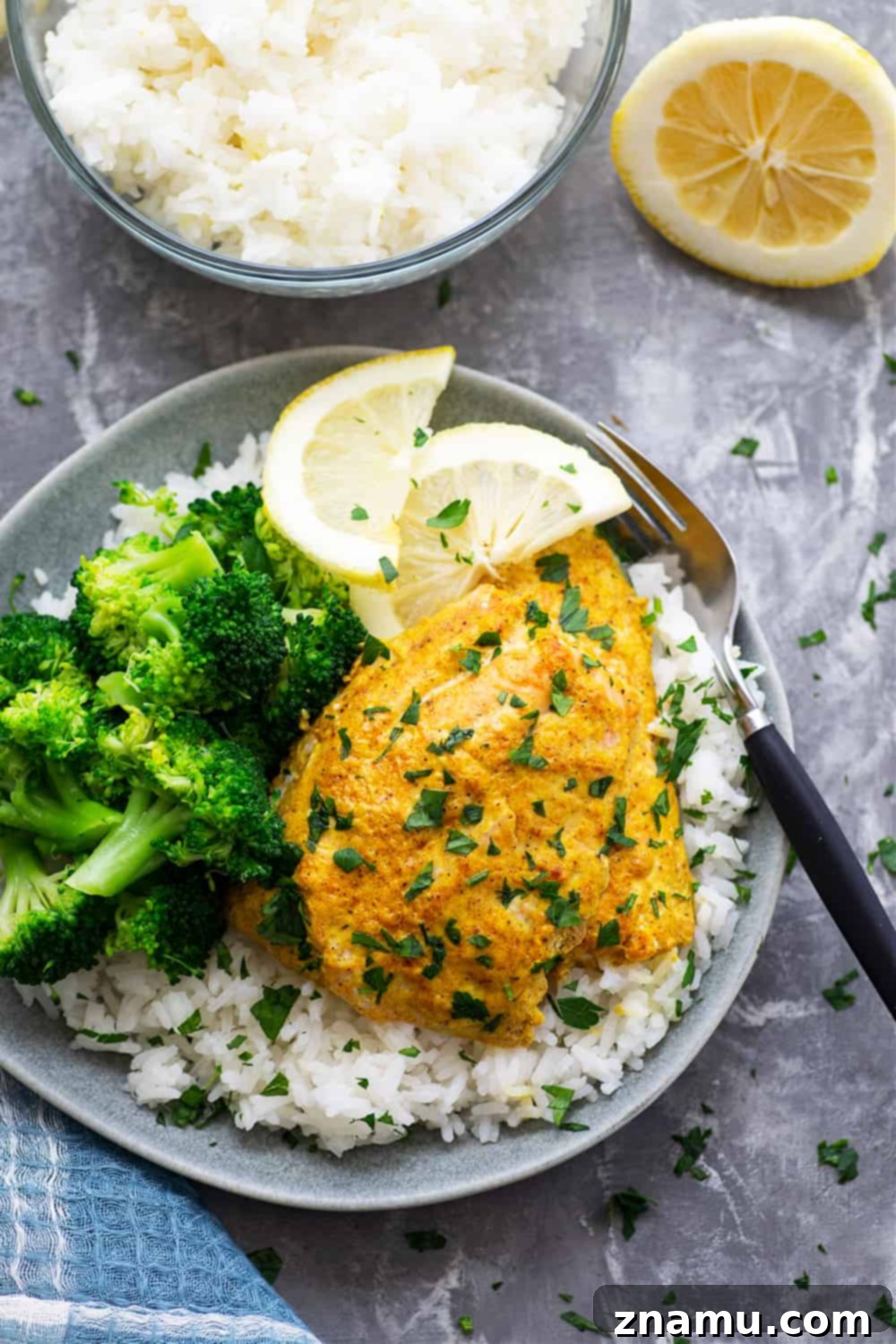 Tandoor-Kissed Salmon, Zesty Lemon Basmati 2 Traditional grilled tandoori salmon is marinated in a spiced yogurt marinade, grilled until tender, and piled on top of fluffy lemon basmati rice.--it'll quickly become a dinner regular!