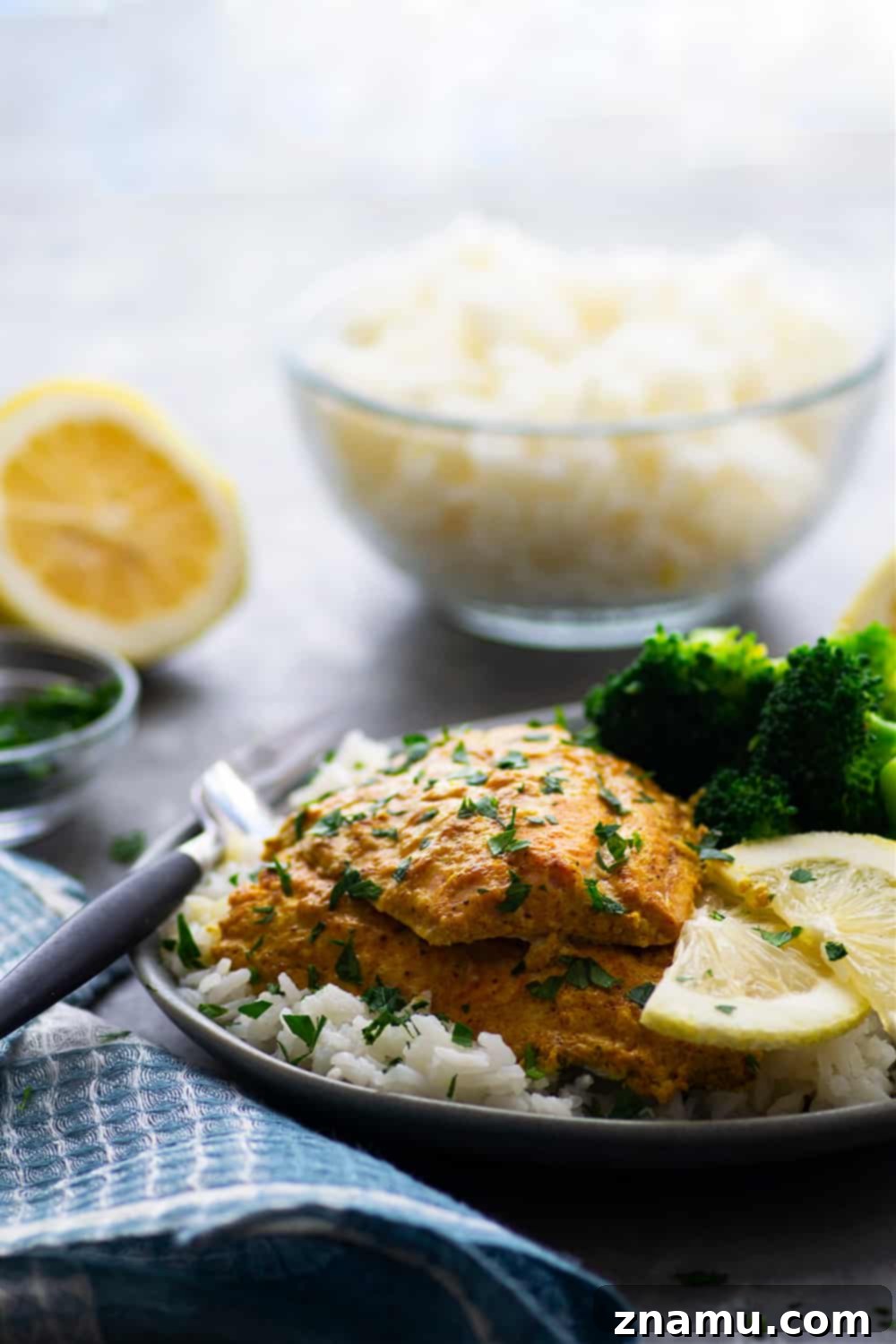 Tandoor-Kissed Salmon, Zesty Lemon Basmati 3 Traditional grilled tandoori salmon is marinated in a spiced yogurt marinade, grilled until tender, and piled on top of fluffy lemon basmati rice.--it'll quickly become a dinner regular!