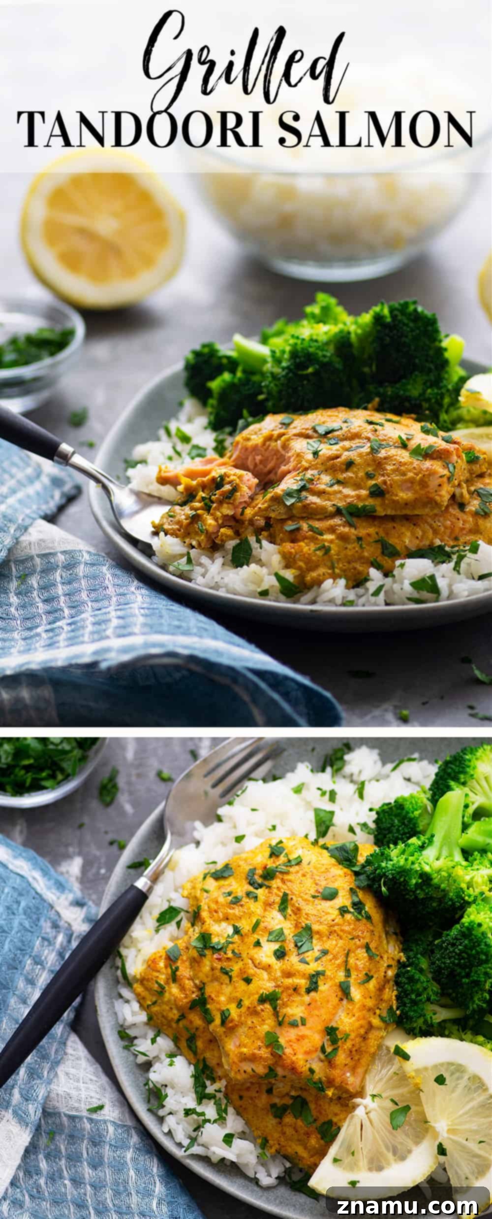 Tandoor-Kissed Salmon, Zesty Lemon Basmati 6 Traditional grilled tandoori salmon is marinated in a spiced yogurt marinade, grilled until tender, and piled on top of fluffy lemon basmati rice.--it'll quickly become a dinner regular!
