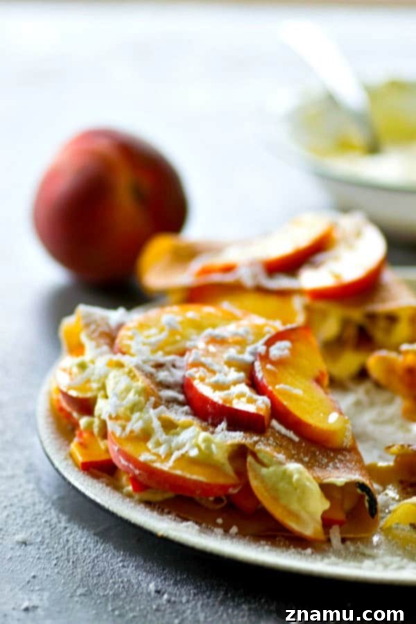 Creamy Peach Coconut Crepes 2 Melt-in-your-mouth coconut crepes are filled with a soft whipped cream filling and piled high with tons of juicy peaches for the ultimate stunner summer breakfast!