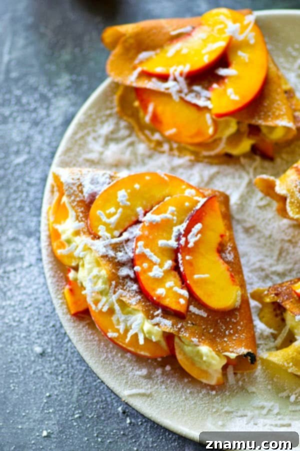 Creamy Peach Coconut Crepes 3 Luscious coconut crepes layered with creamy whipped topping and fresh, ripe peaches