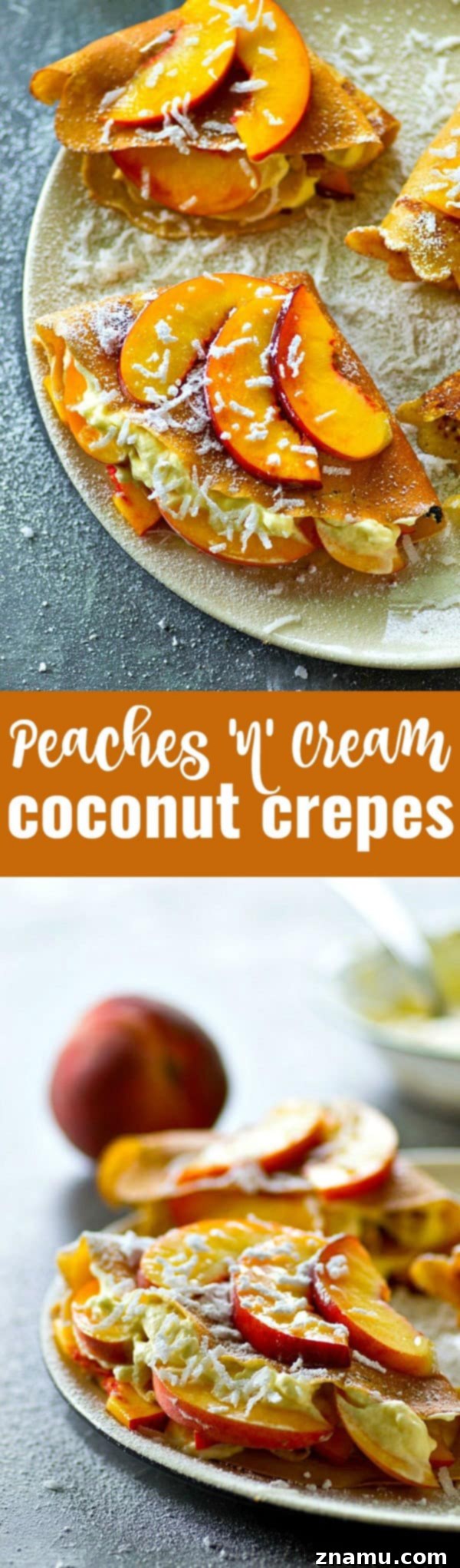 Creamy Peach Coconut Crepes 6 A large serving of coconut crepes with peaches and cream, garnished with shredded coconut