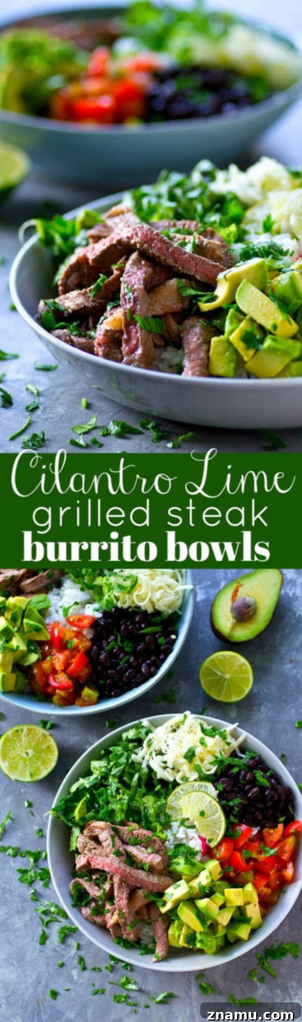 Juicy, flavorful cilantro lime grilled steak and all the burrito 'fixins come together in these loaded grilled steak burrito bowls and it'll be on the table in only an hour!