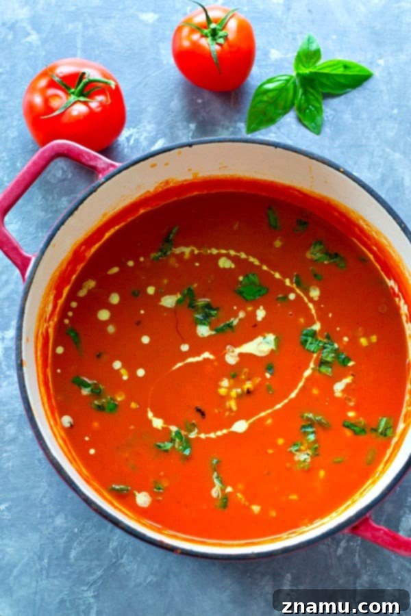 Sun-Kissed Tomato-Basil Soup with Charred Sweet Corn 2 A vibrant bowl of creamy basil roasted tomato soup, perfect for summer.