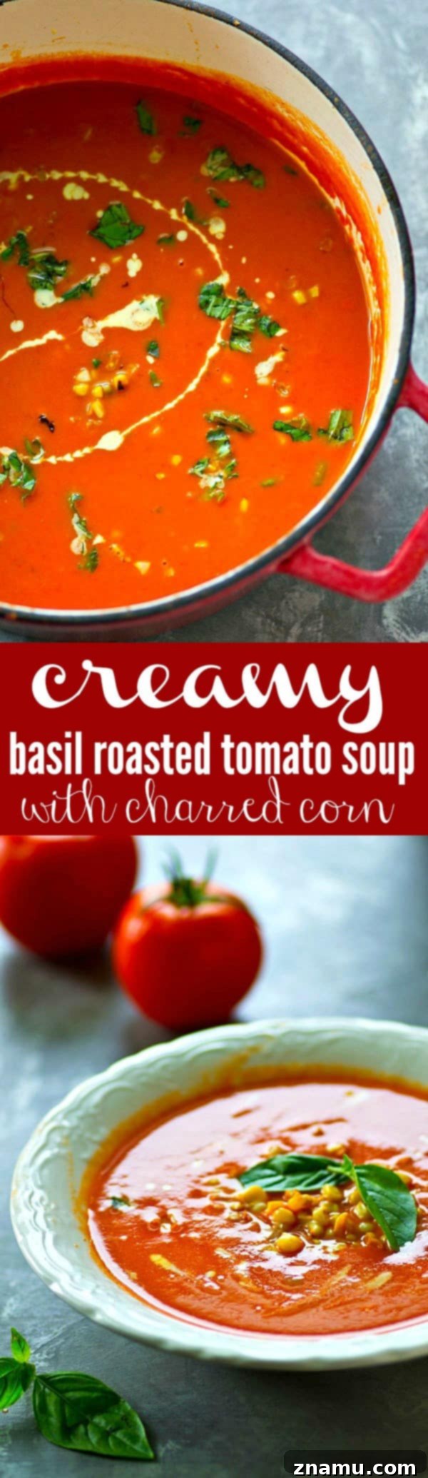 Sun-Kissed Tomato-Basil Soup with Charred Sweet Corn 6 A table spread with creamy basil roasted tomato soup, grilled cheese sandwiches, and fresh garnishes.