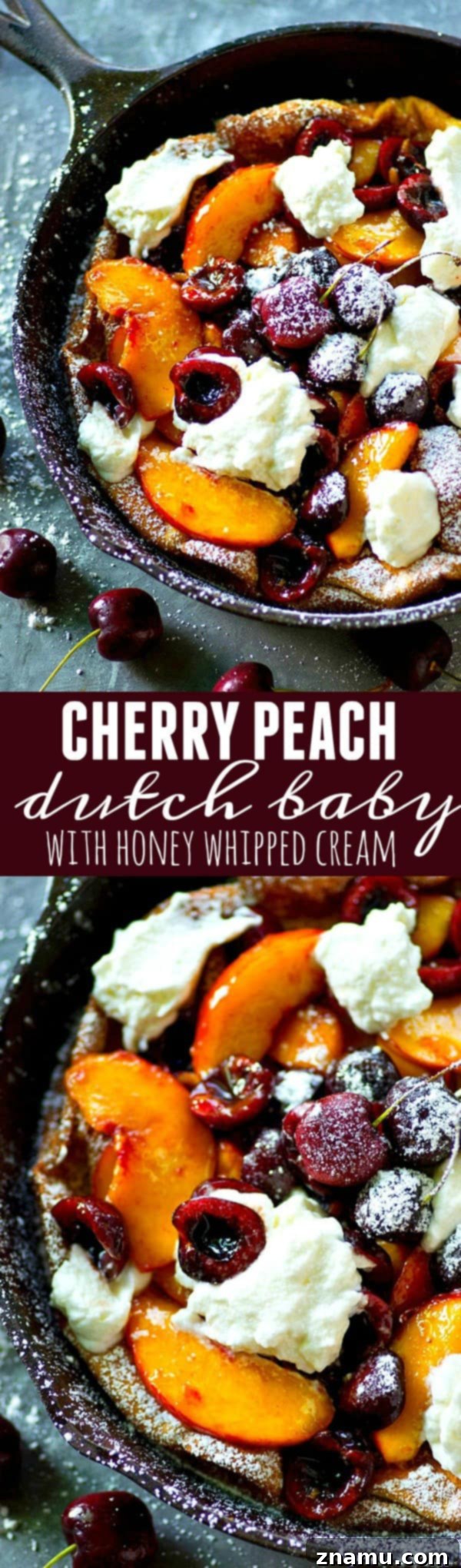Fluffy honey whipped cream and juicy summer cherries and peaches are piled high into this summery cherry peach dutch baby that's ready in 30 minutes flat!