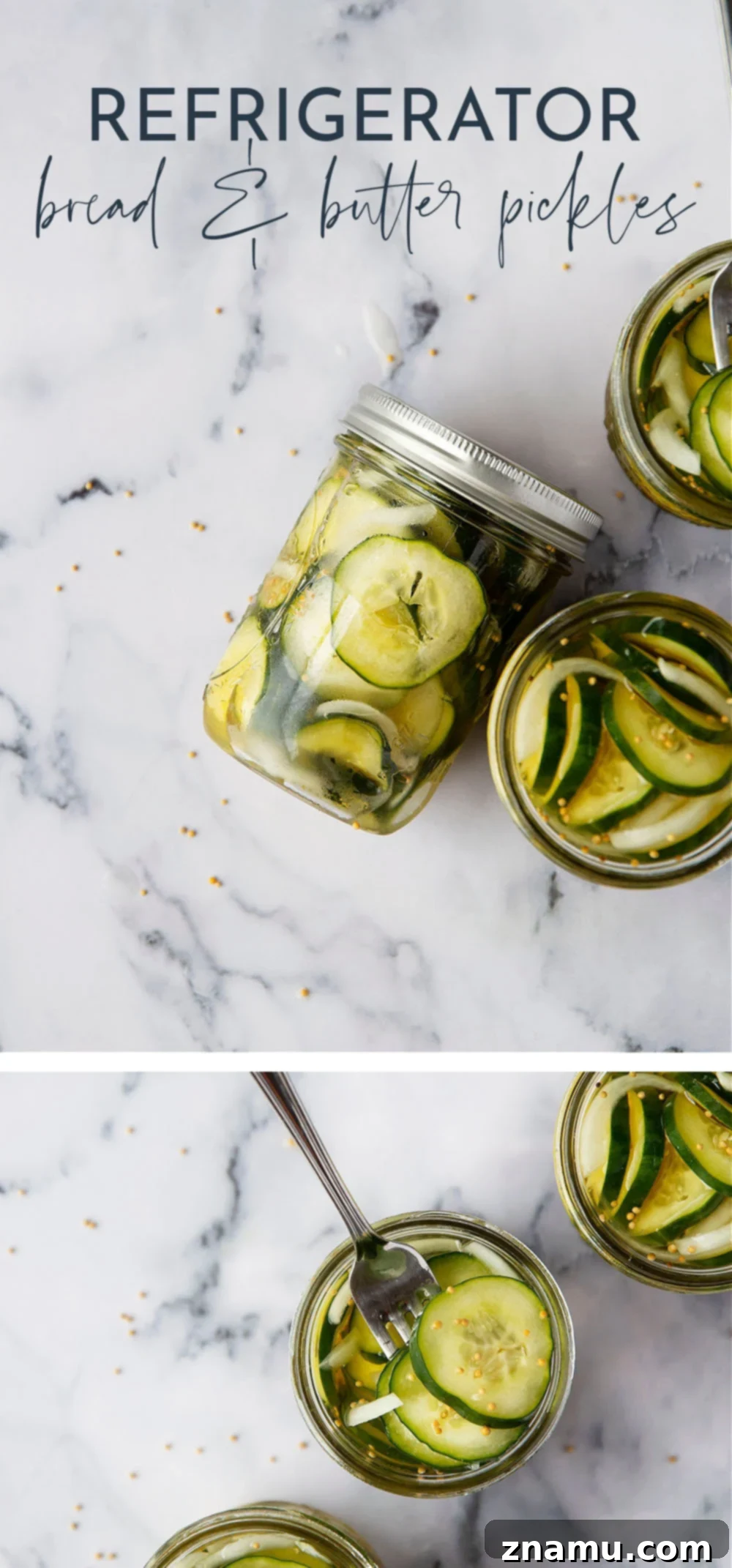 No-Canning Overnight Bread and Butter Pickles 7 Several jars of homemade refrigerator bread and butter pickles ready for storage or gifting.