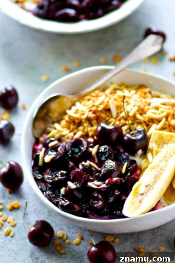 Warm Roasted Cherry and Banana Yogurt Bowls with Granola 2 Juicy roasted cherries and sliced bananas are the ultimate breakfast combo in these granola yogurt bowls! Fast and nutritious for a busy morning breakfast.