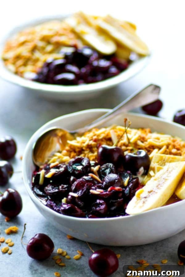 Warm Roasted Cherry and Banana Yogurt Bowls with Granola 3 Juicy roasted cherries and sliced bananas are the ultimate breakfast combo in these granola yogurt bowls! Fast and nutritious for a busy morning breakfast.