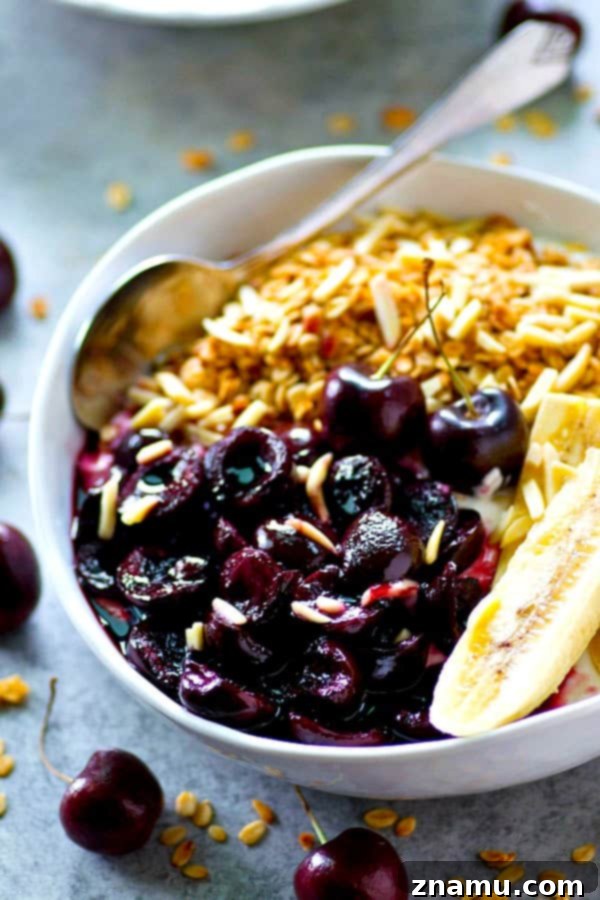 Warm Roasted Cherry and Banana Yogurt Bowls with Granola 4 Juicy roasted cherries and sliced bananas are the ultimate breakfast combo in these granola yogurt bowls! Fast and nutritious for a busy morning breakfast.