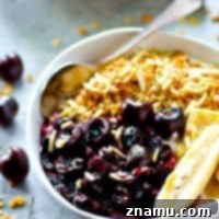 Warm Roasted Cherry and Banana Yogurt Bowls with Granola 7 Juicy roasted cherries and sliced bananas are the ultimate breakfast combo in these granola yogurt bowls! Fast and nutritious for a busy morning breakfast.