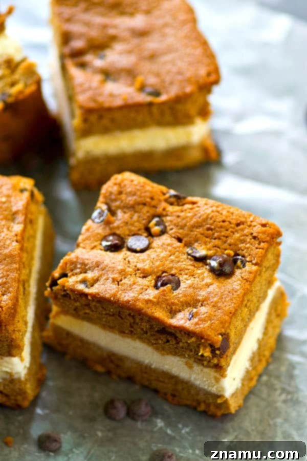Blondie Chocolate Chip Ice Cream Sandwich Delights 4 A thick layer of creamy vanilla ice cream is sandwiched between soft homemade chocolate chip blondies for the ultimate twist on ice cream sandwich bars!