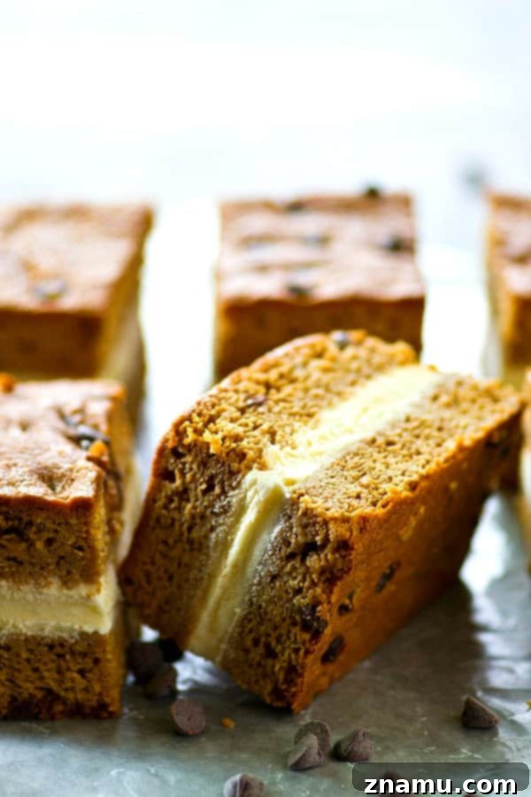 Blondie Chocolate Chip Ice Cream Sandwich Delights 5 A thick layer of creamy vanilla ice cream is sandwiched between soft homemade chocolate chip blondies for the ultimate twist on ice cream sandwich bars!