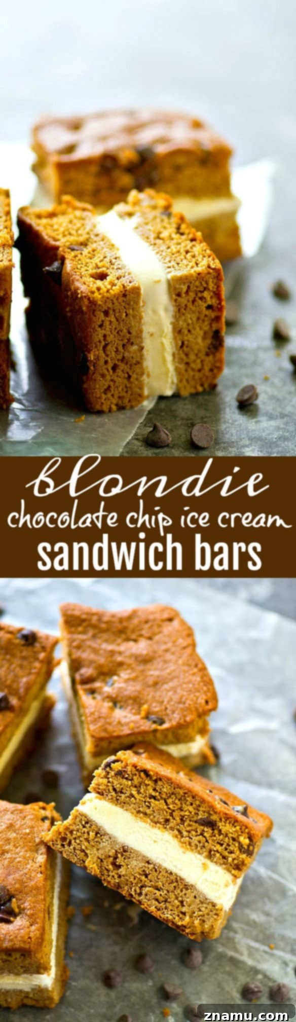 Blondie Chocolate Chip Ice Cream Sandwich Delights 6 A thick layer of creamy vanilla ice cream is sandwiched between soft homemade chocolate chip blondies for the ultimate twist on ice cream sandwich bars!