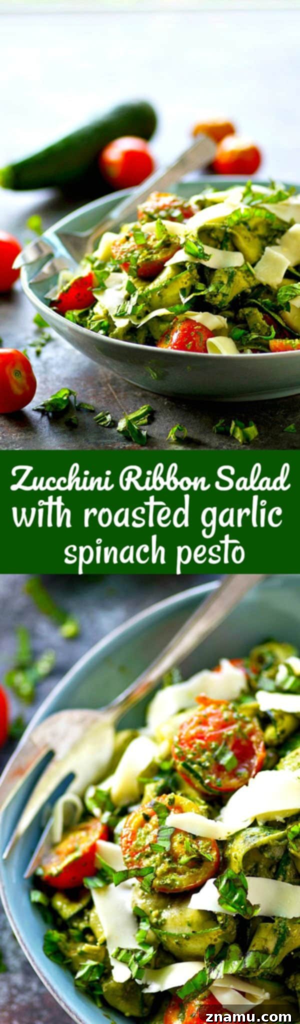 Smooth, garlicky roasted garlic spinach pesto coats every inch of this summery zucchini ribbon salad and it's all tossed with tons of juicy cherry tomatoes and grated Parmesan.